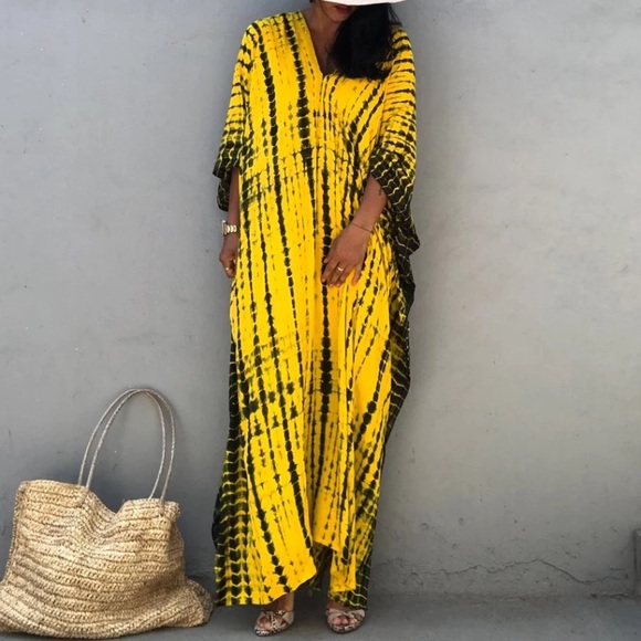 SOLD OUT Yellow & Black Bohemian Tie Dye Kaftan Kimono Dress - Picture 6 of 9